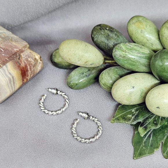 Small Hoops Earrings w/twisted, stamped design, Silver Plate - 3/4" length - Picture 1 of 8